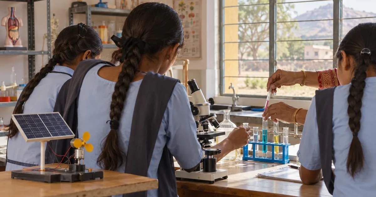 Girls' education and STEM - schoolgirls doing a science experiment in a rural Rajasthan school lab