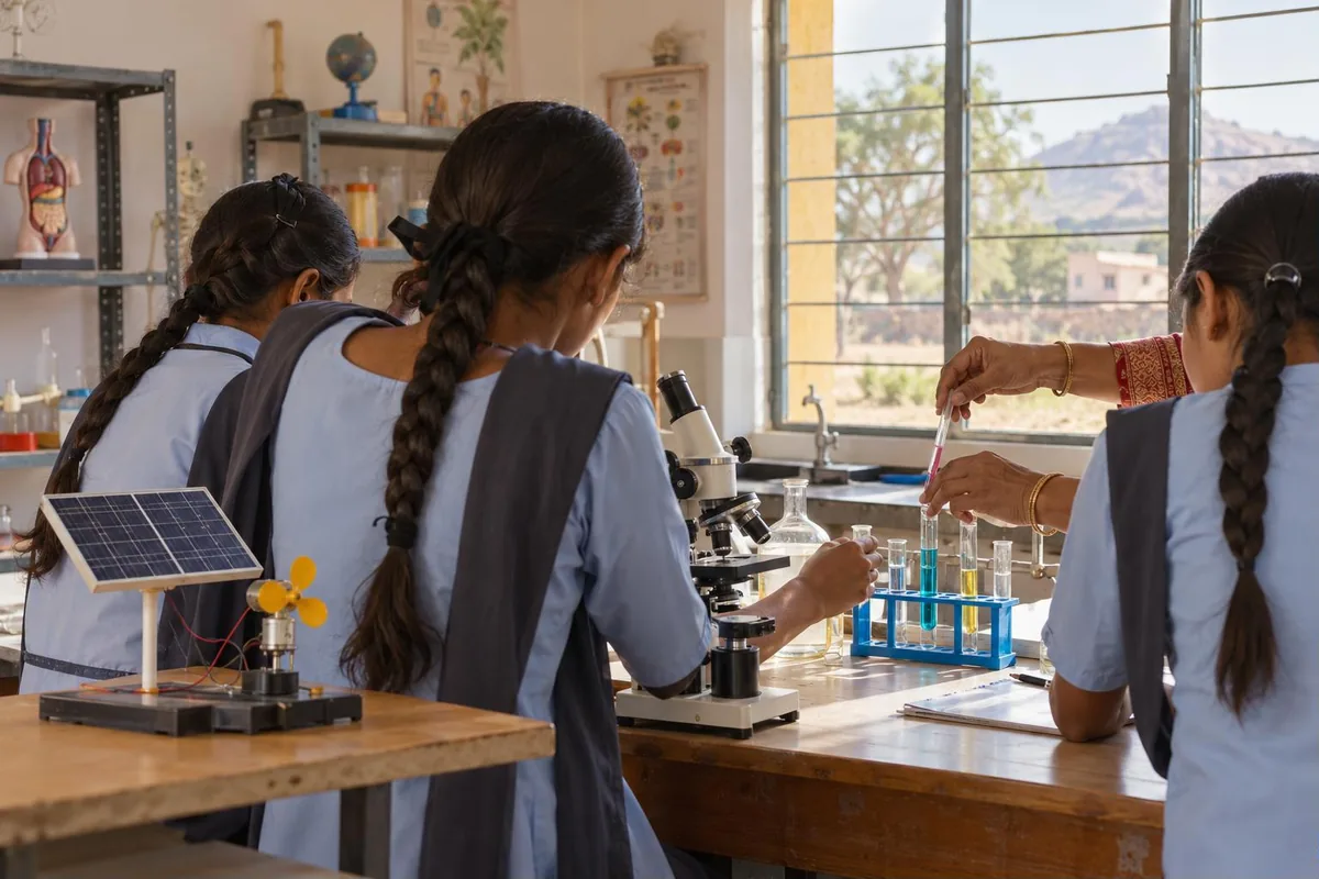 Girls' education and STEM - schoolgirls doing a science experiment in a rural Rajasthan school lab - key points