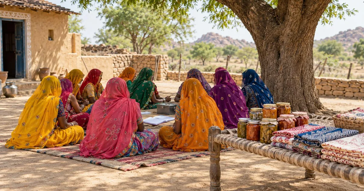 Lakhpati Didi - women's self-help group meeting under a neem tree with ledger and handmade products