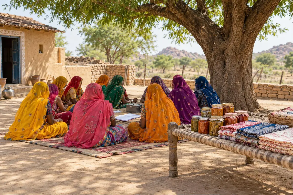 Lakhpati Didi - women's self-help group meeting under a neem tree with ledger and handmade products - key points
