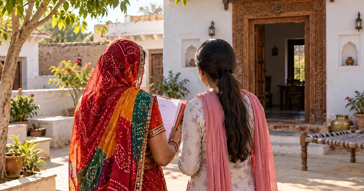 Women and property rights - rural Rajasthani women in a village courtyard holding property documents