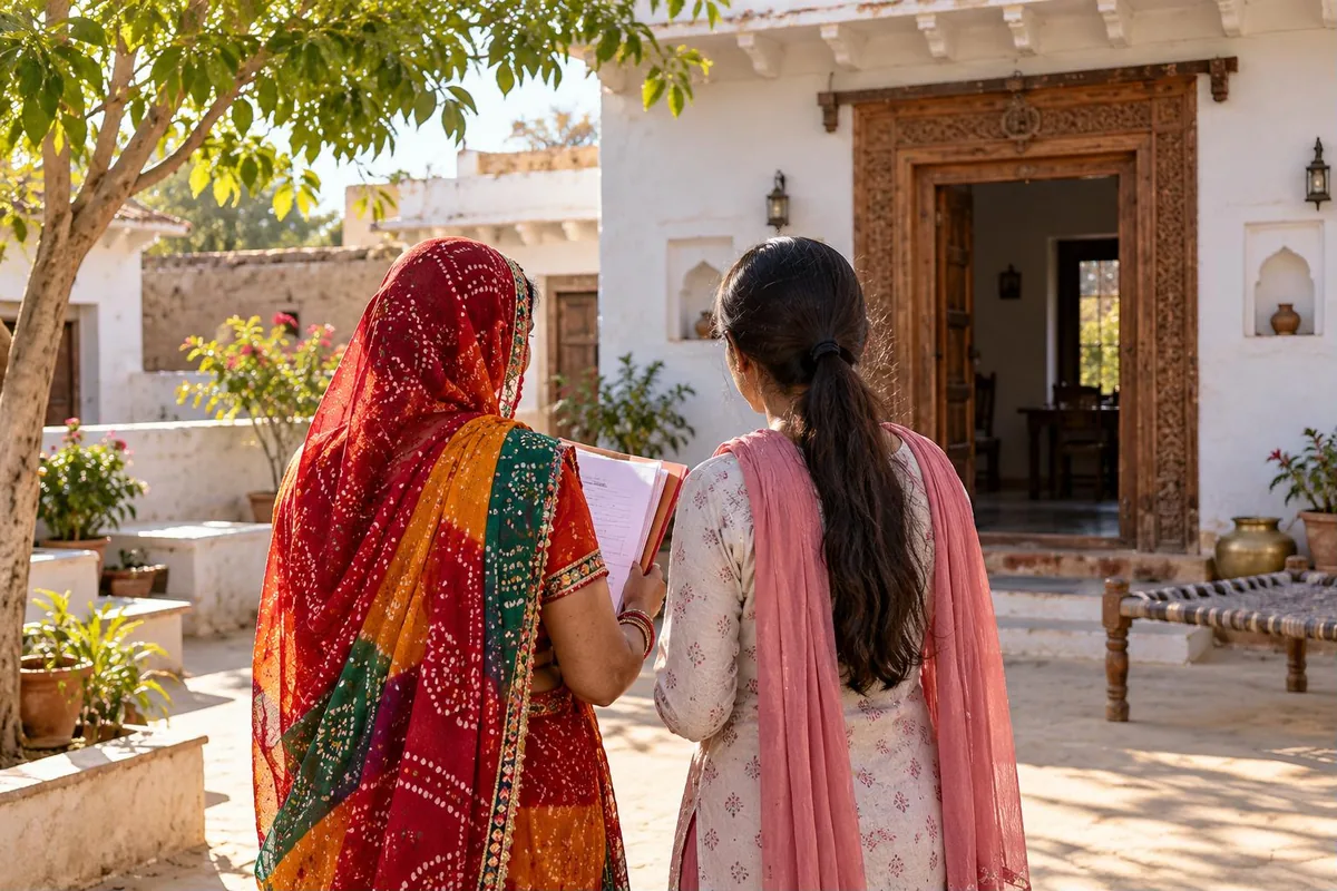 Women and property rights - rural Rajasthani women in a village courtyard holding property documents - key points